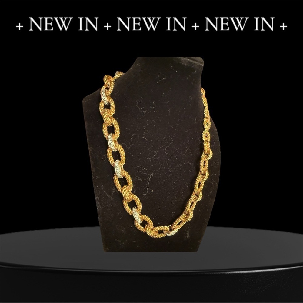 Kenneth Jay Lane gold tone twisted rope chain with rhinestone bars necklace